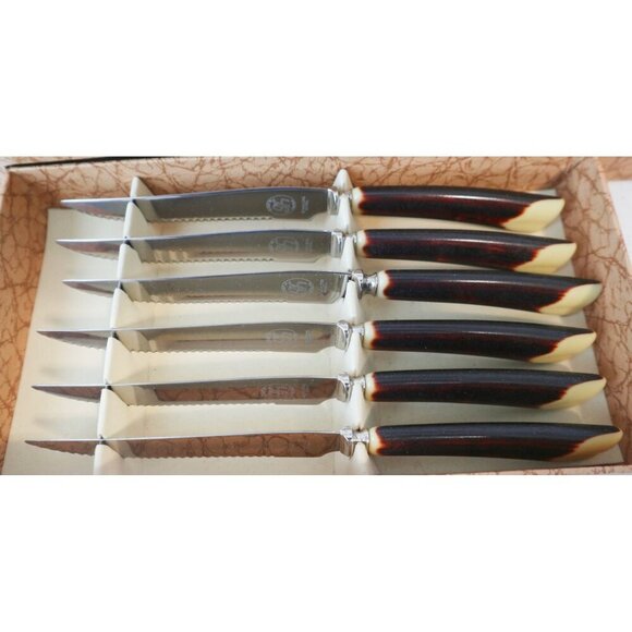 Vintage 9 Pc Glo-Hill Cutlery Carving Set 6 Steak Knifes Bakelite Handle in Case - Picture 2 of 8